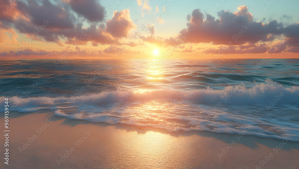 Fototapeta premium A serene sunset over a calm ocean, with gentle waves lapping at a sandy beach, creating a tranquil and picturesque scene.