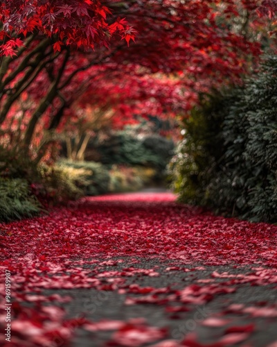 Fiery Red Japanese Maple Leaves Forming a Delicate Carpet on a Secluded Path photo