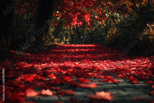 Fiery Red Japanese Maple Leaves Forming a Delicate Carpet on a Secluded Path photo