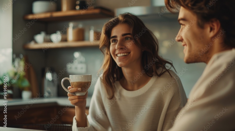 A young couple is enjoying a cup of coffee together in a modern kitchen. The woman is looking at the man with a smile, while the man is looking at her with a loving expression, copy space A young couple is enjoying a cup of coffee together in a modern kitchen. The woman is looking at the man with a smile, while the man is looking at her with a loving expression, copy space
