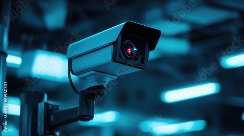 A high-tech CCTV camera with night vision capabilities, featuring infrared LEDs and a sleek design, positioned in a dimly lit environment.