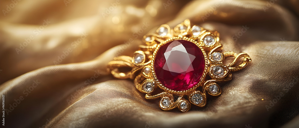 A stunning golden brooch featuring a large red gemstone, elegantly displayed on luxurious satin fabric. A stunning golden brooch featuring a large red gemstone, elegantly displayed on luxurious satin fabric.