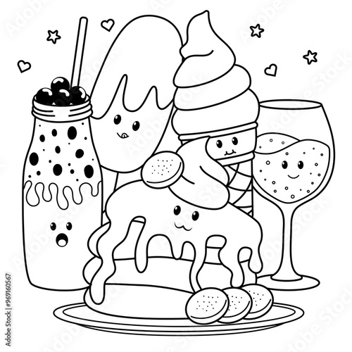 Hand drawn cute kawaii coloring book illustration with cake, juice, boba milk and ice cream. Vector coloring page design.