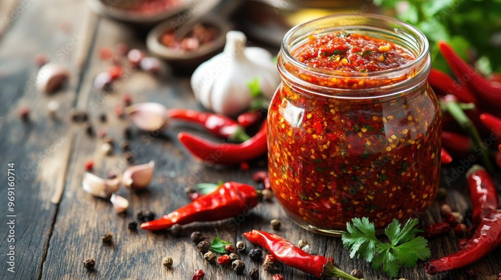 A jar of homemade chili paste with vibrant red color, surrounded by fresh chilies, garlic, and other spices on a rustic wooden table. A jar of homemade chili paste with vibrant red color, surrounded by fresh chilies, garlic, and other spices on a rustic wooden table.