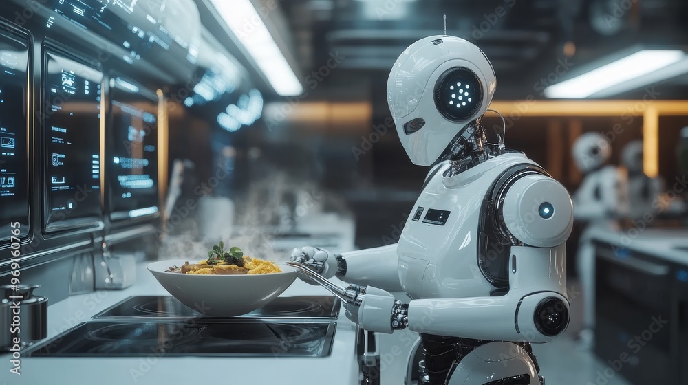 Futuristic robotic chefs preparing gourmet meals autonomously: A kitchen filled with robots cooking intricate dishes. Futuristic robotic chefs preparing gourmet meals autonomously: A kitchen filled with robots cooking intricate dishes.