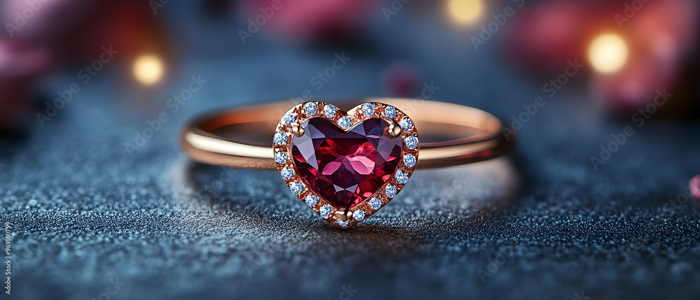 Fototapeta premium Beautiful heart-shaped ruby ring adorned with sparkling diamonds, perfect for romantic occasions and special gifts.