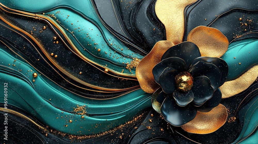 Black and gold flower on blue and black background with golden petal highlights Black and gold flower on blue and black background with golden petal highlights