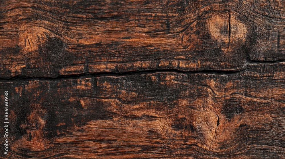 Close-up of a textured, dark wooden surface with natural grain patterns. Close-up of a textured, dark wooden surface with natural grain patterns.
