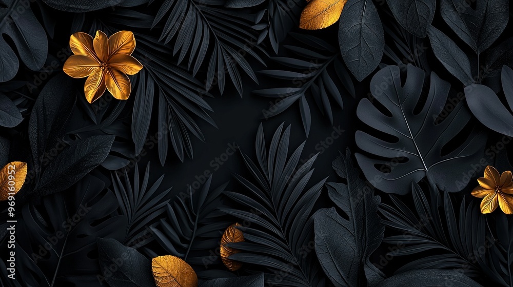 Black background with two yellow flowers flanking a sea of greenery Black background with two yellow flowers flanking a sea of greenery