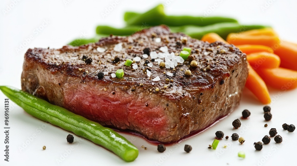 A juicy steak with a sprinkle of sea salt and freshly ground black pepper, served with a side of green beans and carrots, against a white backdrop. A juicy steak with a sprinkle of sea salt and freshly ground black pepper, served with a side of green beans and carrots, against a white backdrop.