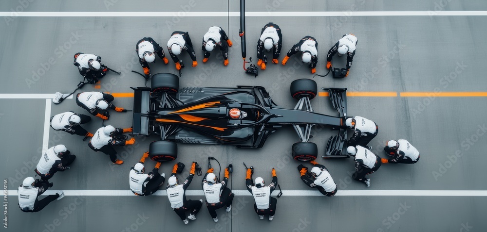 Naklejka premium Formula 1 pit crew in uniforms surrounds a racing car, performing a pit stop with precision and speed.