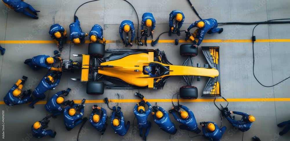 Fototapeta premium Formula 1 pit crew in blue uniforms surrounds a yellow racing car, performing a pit stop with precision and speed.