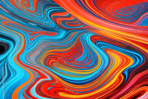 dynamic abstract composition with colorful fluid waves in a gradient of blue, red, orange, yellow, and pink, set against a light background for a vibrant and energetic visual effect