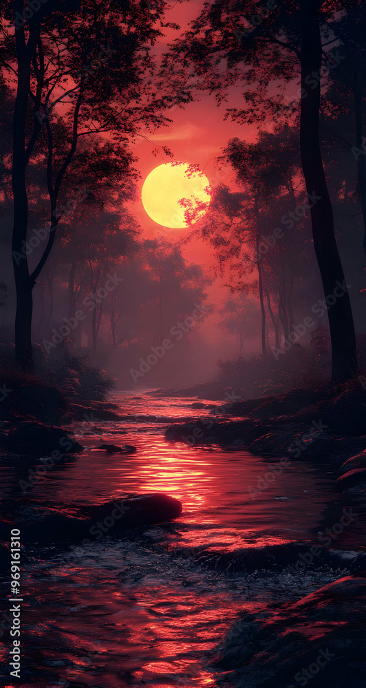 A serene landscape featuring a glowing sunset reflecting on a tranquil river, surrounded by lush trees and a misty atmosphere. A serene landscape featuring a glowing sunset reflecting on a tranquil river, surrounded by lush trees and a misty atmosphere.