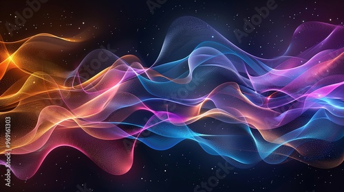 stunning abstract illustration of wavy colorful lines forming a unique ornament with shiny gradients, perfectly contrasting against a black backdrop