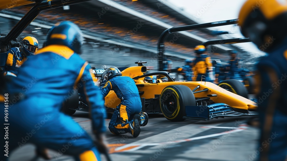 Formula 1 pit crew in blue uniforms surrounds a yellow racing car, performing a pit stop with precision and speed. Formula 1 pit crew in blue uniforms surrounds a yellow racing car, performing a pit stop with precision and speed.