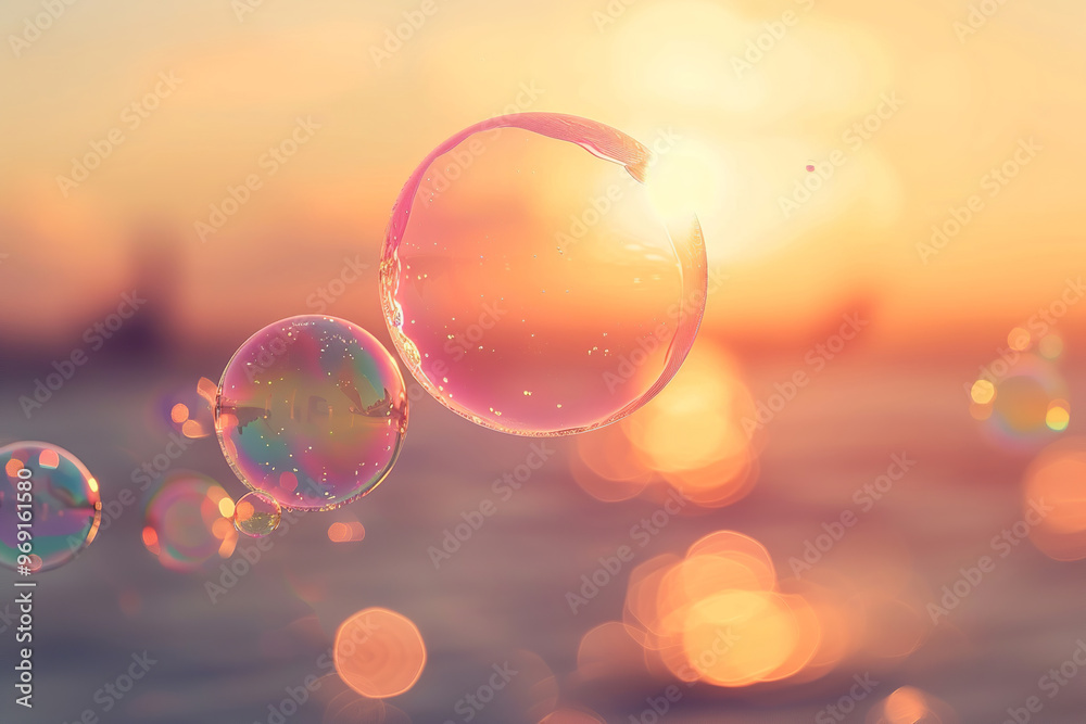 Soap bubbles floating gracefully with a sunset and flowers in the background, creating a magical atmosphere Soap bubbles floating gracefully with a sunset and flowers in the background, creating a magical atmosphere