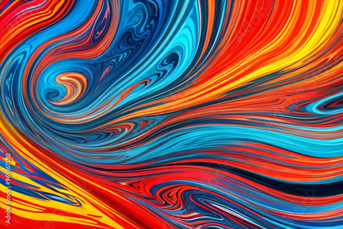 dynamic abstract composition with colorful fluid waves in a gradient of blue, red, orange, yellow, and pink, set against a light background for a vibrant and energetic visual effect