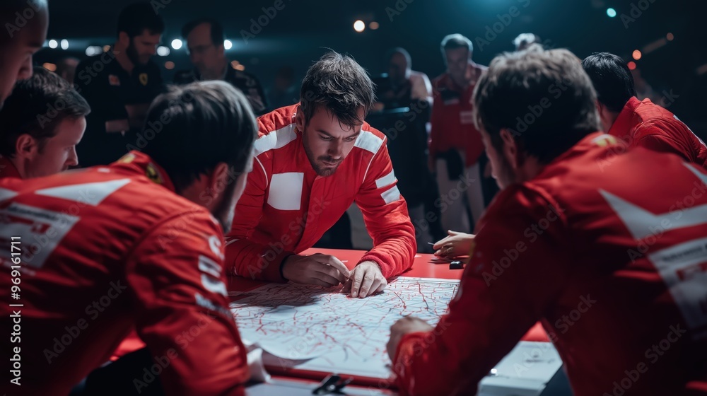 Obraz premium Strategic Planning. Team standing around map, deep in strategy mode, working on the race plan that will lead them to victory on the track.