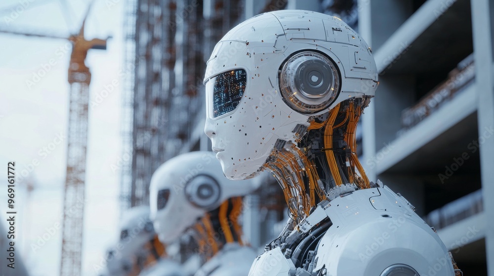 Fototapeta premium Futuristic robotic construction crews building smart cities autonomously: Robots using AI to construct buildings and infrastructure without human intervention.