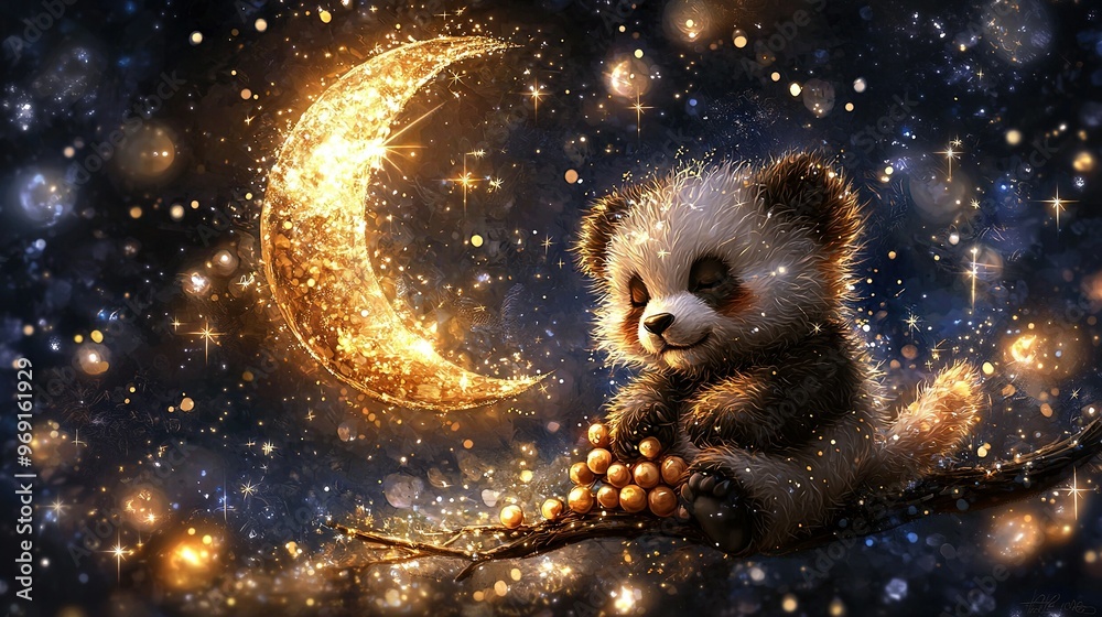 A painting depicts a panda bear perched on a tree limb against a backdrop of a crescent moon and a vast, star-studded sky A painting depicts a panda bear perched on a tree limb against a backdrop of a crescent moon and a vast, star-studded sky