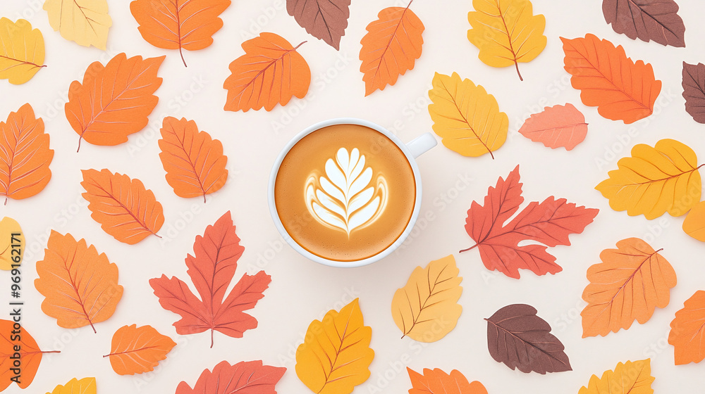 Overhead autumn photograph with in the center a Latte art coffee. Overhead autumn photograph with in the center a Latte art coffee.