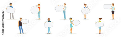 People Characters Holding Empty Speech Bubble Vector Illustration Set