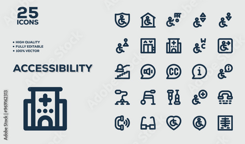 Accessibility icon set. Direct Access, Disability, Braille, Disabled Car, Hearing Aid, Elevator, Ramp, Society. Duotone color solid icons