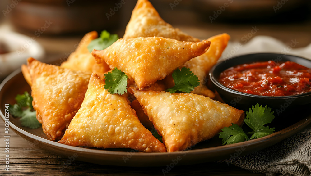 Delicious, golden-brown samosas served on a plate with a spicy dipping sauce, garnished with fresh herbs. Delicious, golden-brown samosas served on a plate with a spicy dipping sauce, garnished with fresh herbs.