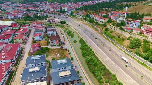 Aerial view a highway and a city. photo