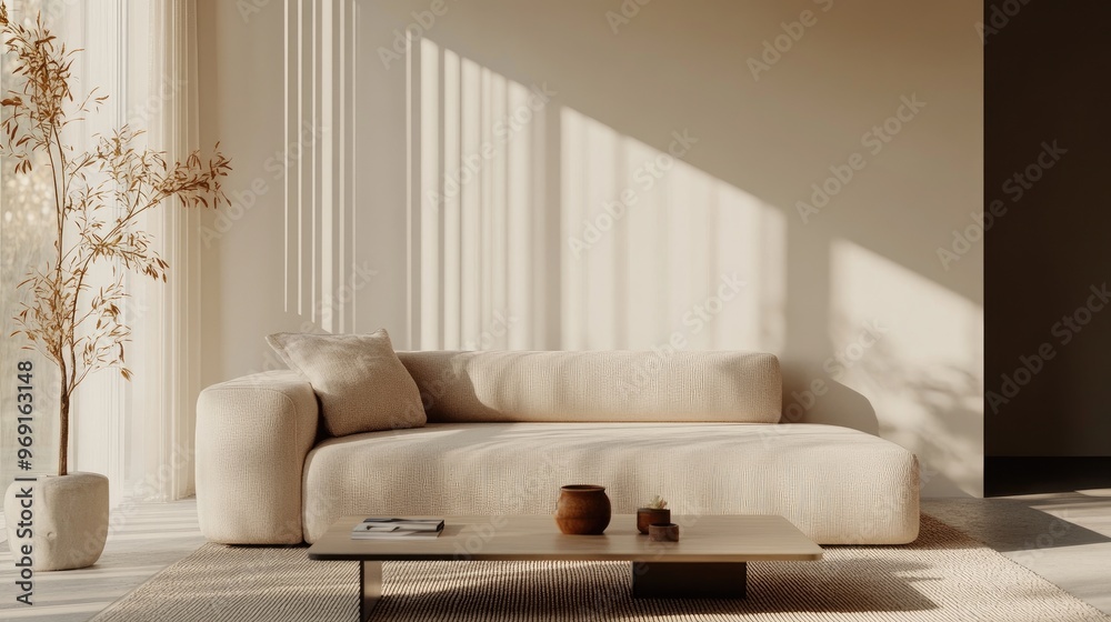 A minimalist living room featuring neutral tones, a low-profile sofa, and a coffee table with a few decorative elements and houseplants. A minimalist living room featuring neutral tones, a low-profile sofa, and a coffee table with a few decorative elements and houseplants.