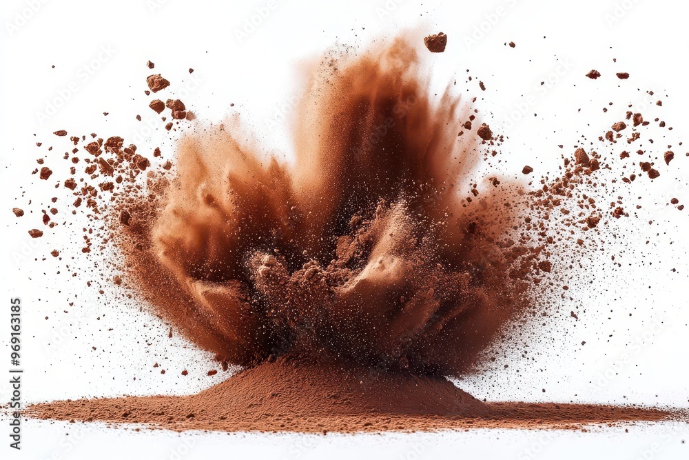 cocoa powder explosion creating a rich velvety cloud against a pristine white backdrop emphasizing texture and contrast in a highspeed photograph cocoa powder explosion creating a rich velvety cloud against a pristine white backdrop emphasizing texture and contrast in a highspeed photograph