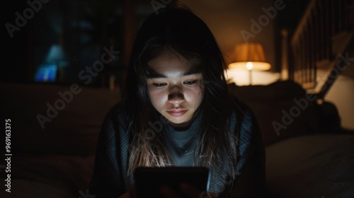 A young woman is sitting alone in a dark room, illuminated only by the glow of her phone screen, engrossed in her device, scrolling and typing. The light from the phone casts shadows on her face