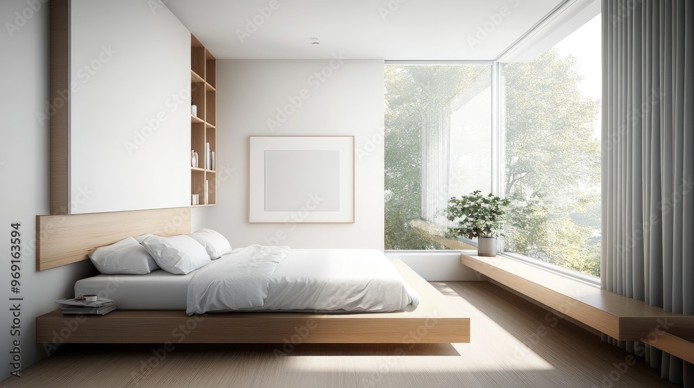 Fototapeta premium A modern minimalist bedroom with a floating bed, built-in storage, and a large window allowing natural light to fill the space.