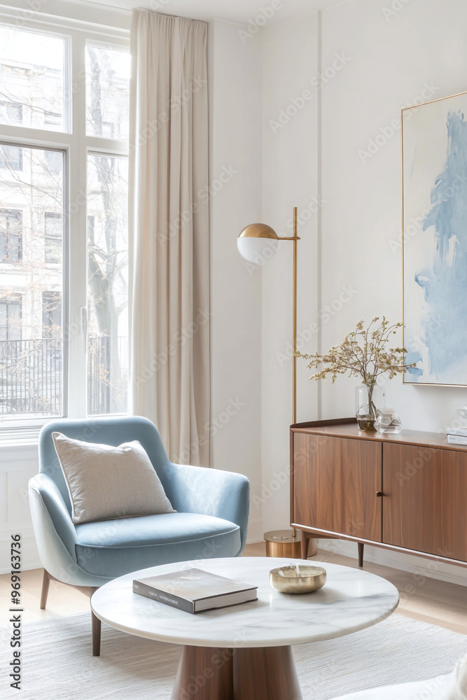 Minimalist, Mid century Modern interiors in residential living rooms with blue armchairs and wood cabinets. Generative AI Minimalist, Mid century Modern interiors in residential living rooms with blue armchairs and wood cabinets. Generative AI
