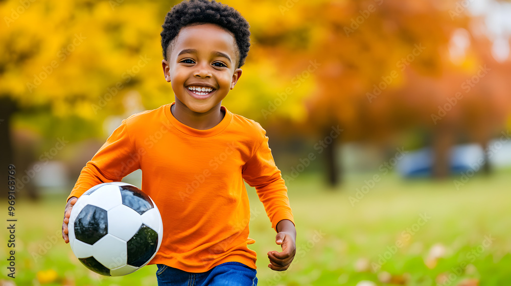 Obraz premium Smiling African child boy in orange shirt enjoying soccer practice on the autumn field. Copy space.