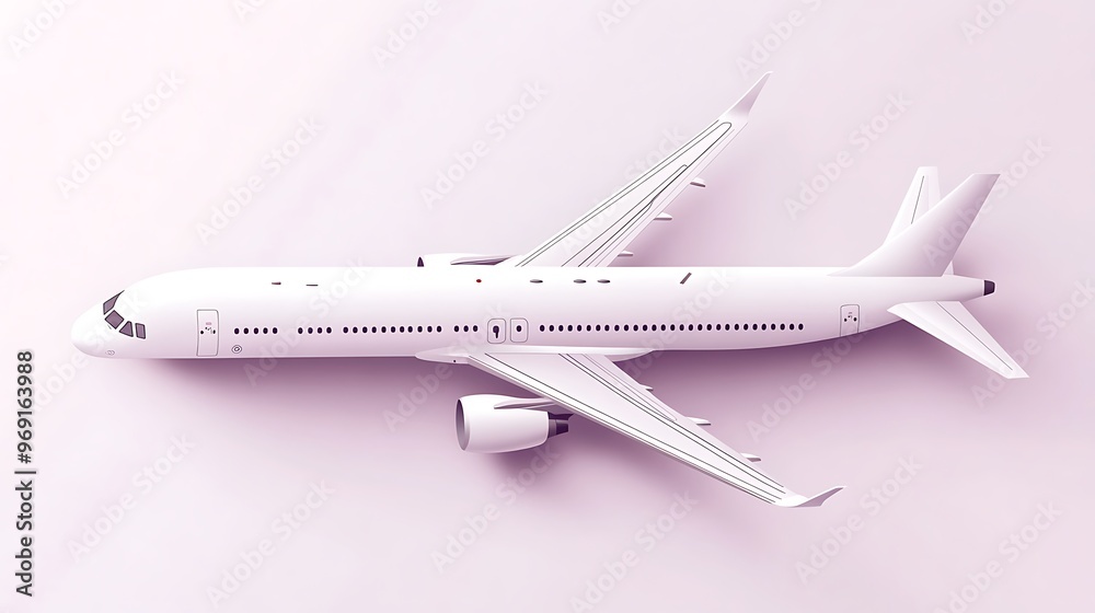 Vector art of a white airplane on a light lavender background with elegant simplicity, providing space for messaging or travel branding.