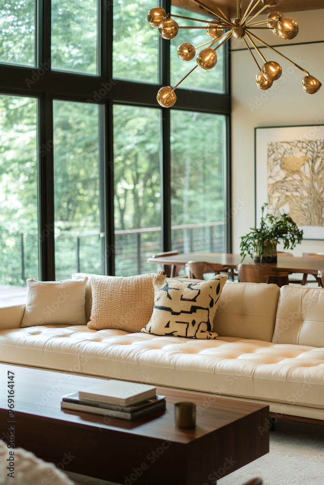 Fototapeta premium A mid-century modern interior photo of a residential living room with an art frame hanging on the wall and sofa and table. Generative AI 