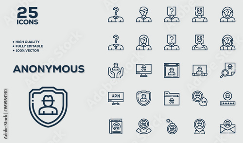 Anonymous  icons in line style. Guard, cyber security, password, smart home, safety, data protection, key, shield, lock, unlock, eye access. Vector illustration.