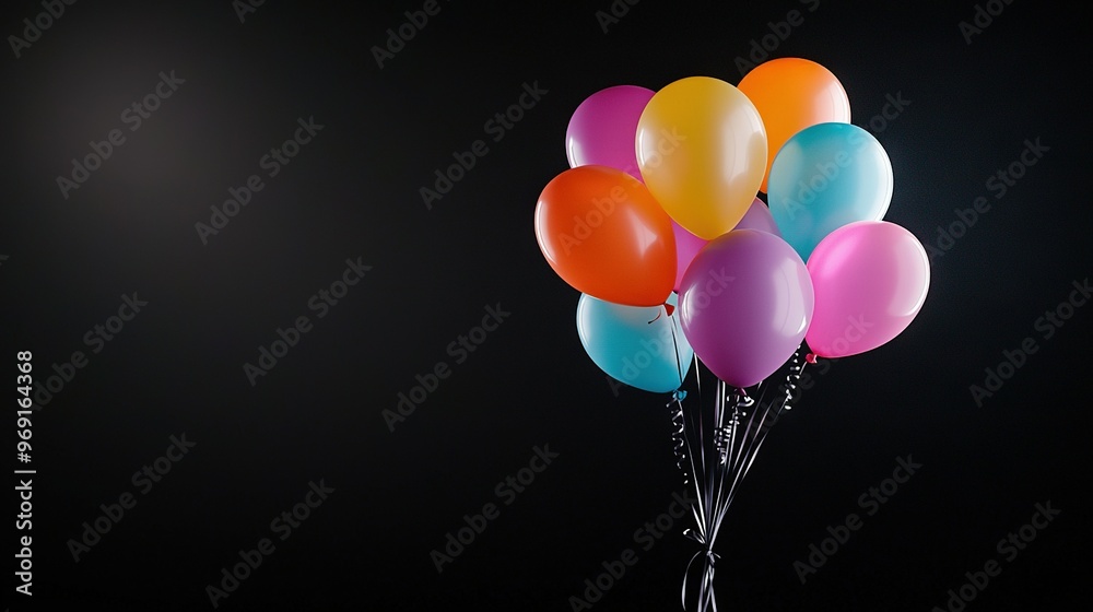 A set of colorful balloons drifting in the sky against a dark backdrop, providing space for text or an image A set of colorful balloons drifting in the sky against a dark backdrop, providing space for text or an image