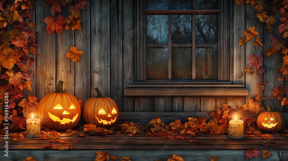 Obraz premium Halloween porch scene with pumpkins, flickering candles, and autumn leaves on a rustic wooden house – perfect for spooky seasonal designs, fall-themed decor, or festive holiday visuals.