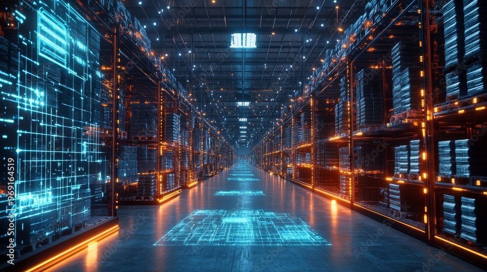 Futuristic AI-controlled logistics hubs for global shipping: A vast warehouse where AI coordinates the movement of packages and goods efficiently. Futuristic AI-controlled logistics hubs for global shipping: A vast warehouse where AI coordinates the movement of packages and goods efficiently.