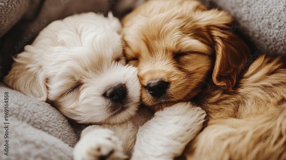 A pair of fluffy puppies snuggling together in a soft bed, with their heads resting on each other and their eyes closed in contentment. A pair of fluffy puppies snuggling together in a soft bed, with their heads resting on each other and their eyes closed in contentment.