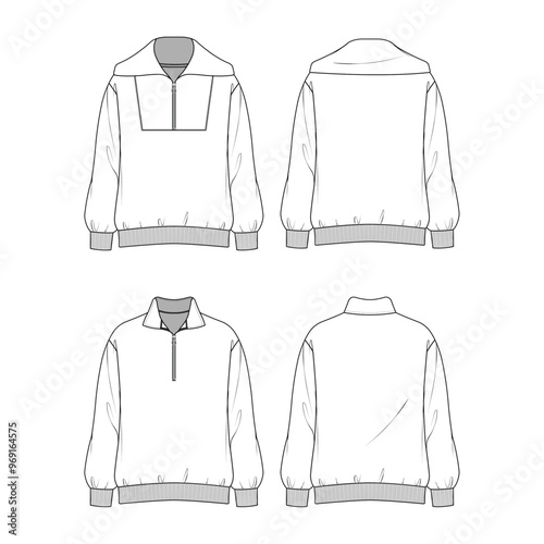 Technical vector sketch of a half-zip pullover sweatshirt. High-neck shirt with ribbed cuffs and long sleeves.