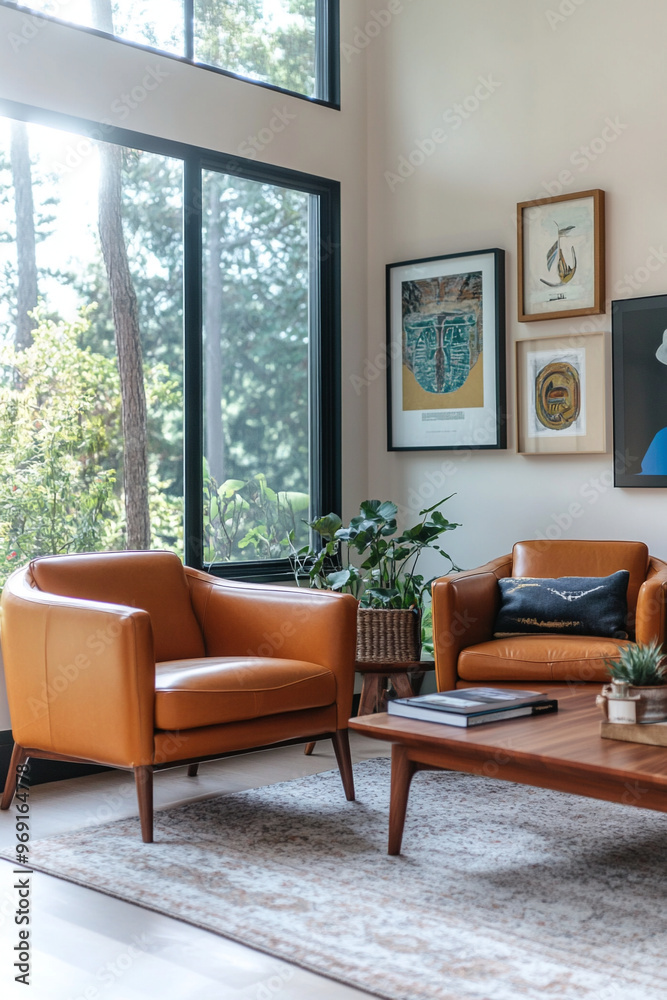 Fototapeta premium Mid century Modern interiors in the living room with leather-finished armchairs and wood tables, large windows and art frames hanging from the walls. Generative AI 