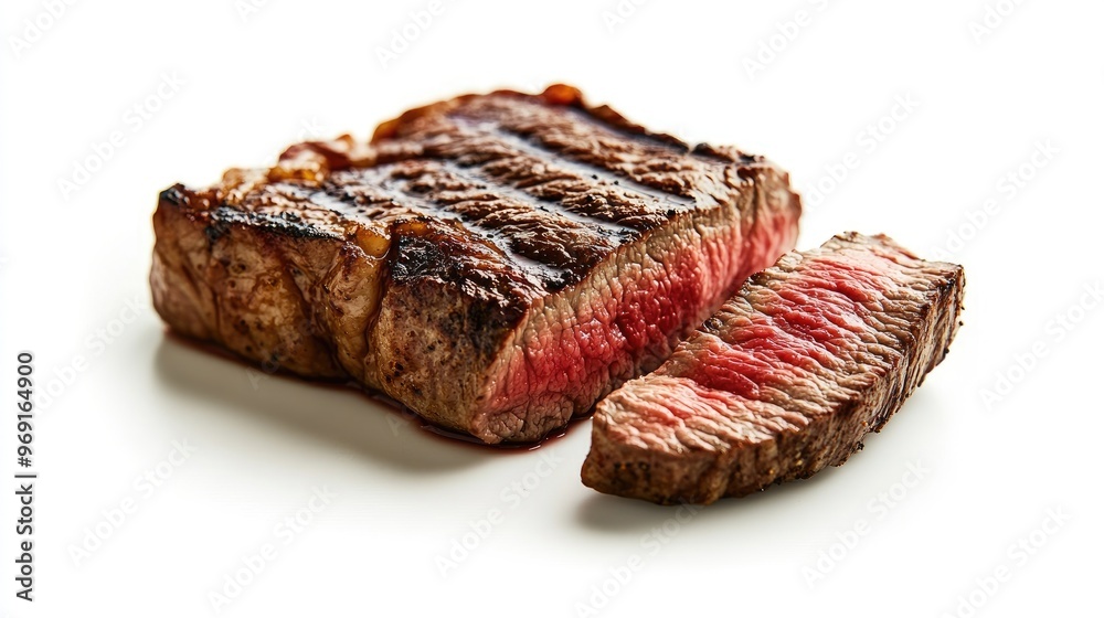 A perfectly cooked medium-rare steak with a juicy center and grill marks, sliced to reveal the tender texture, set against a clean white background. A perfectly cooked medium-rare steak with a juicy center and grill marks, sliced to reveal the tender texture, set against a clean white background.
