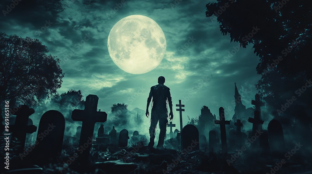 Zombie emerging from graveyard at night under full moon – spooky halloween scene with dark atmosphere, graveyard cemetery, and eerie full moon glow, perfect for holiday event backdrops and scary. Zombie emerging from graveyard at night under full moon – spooky halloween scene with dark atmosphere, graveyard cemetery, and eerie full moon glow, perfect for holiday event backdrops and scary.