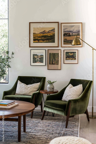 This is the mid century modern interior of the living room with white walls hanging with art frames and green armchairs and wooden tables. Generative AI
