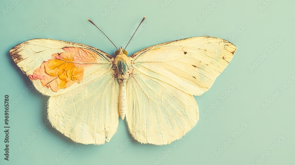 A high-resolution image of a butterfly with its wings in sharp focus against a blue background The butterfly's wings display bright shades of yellow and orange, making for an A high-resolution image of a butterfly with its wings in sharp focus against a blue background The butterfly's wings display bright shades of yellow and orange, making for an