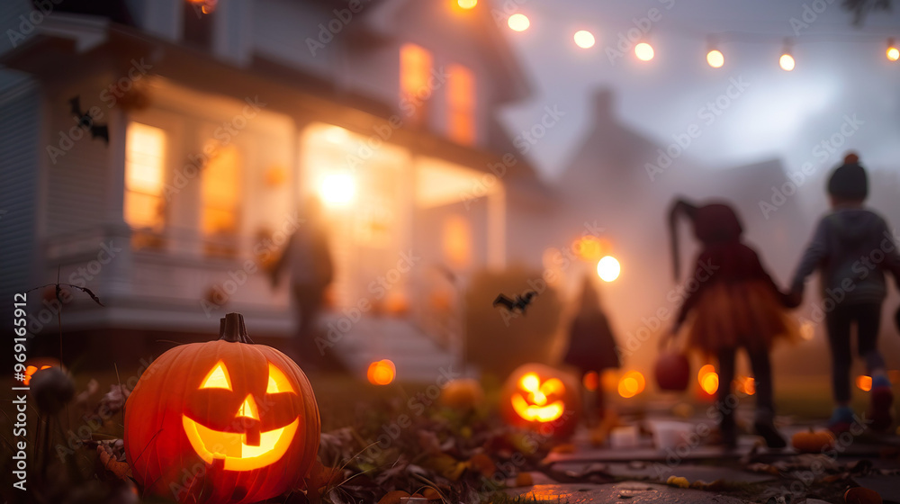 Trick-or-Treaters on a Foggy Halloween Night